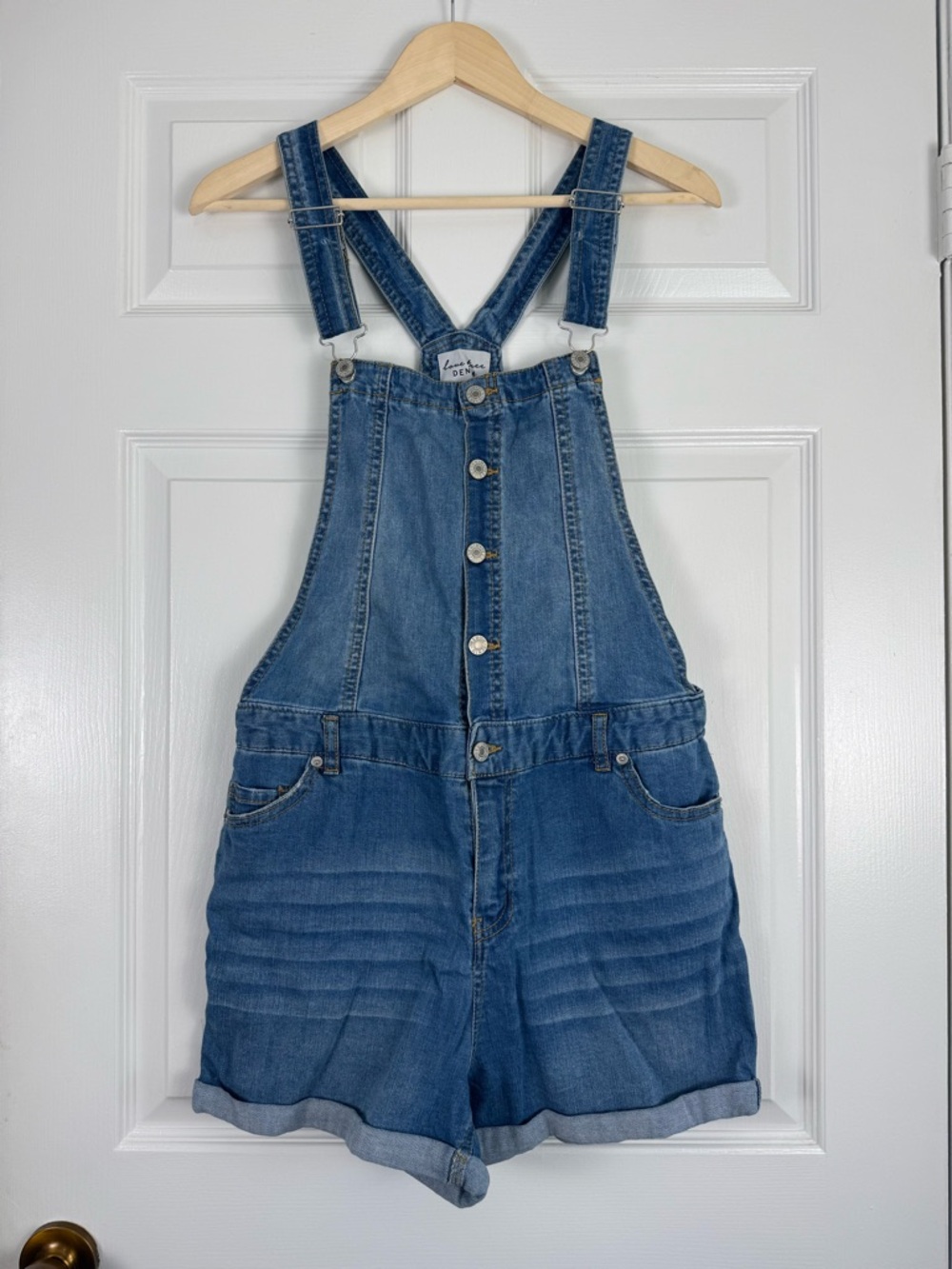 Love Tree Denim Button-Front Short Overalls - Medium Blue Large